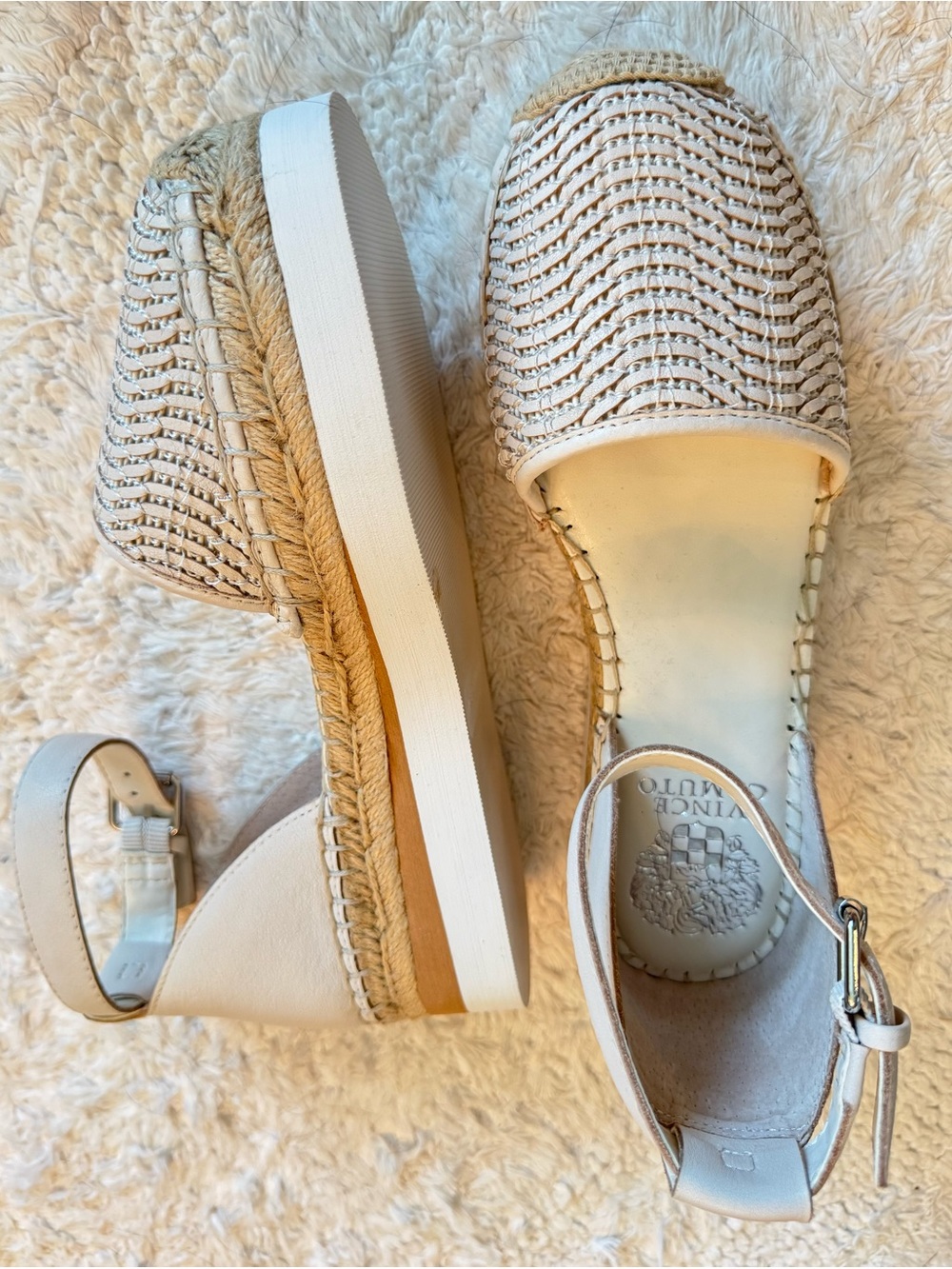 Vince Camuto Cream Woven Espadrille Ankle-Strap Platform Sandal
